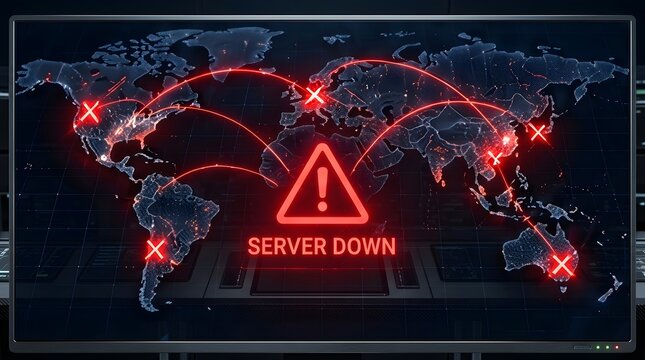 Global server down notification on digital screen with world map and red network failure connection lines, concept of system crash, cyber security alert, and worldwide internet outage background.