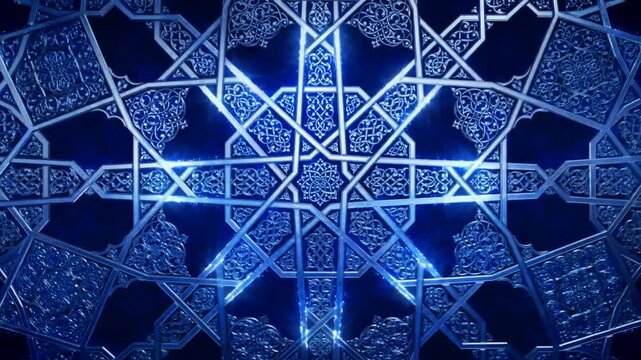 Islamic geometric pattern digital illustration. Features intricate blue arabesque tracery and star motifs isolated on transparent background. Decorative graphic asset for cultural design.
