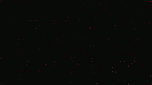 Animated red digital glitch effects and flickering lines against a dark black background.