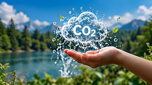 Human hand holding a symbolic water splash cloud with CO2 text over a scenic landscape with a blue lake, forest and mountains, conceptualizing carbon footprint reduction and environmental care.