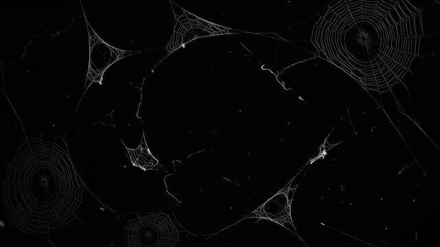 Intricate white spider web textures on black background, spooky cobweb patterns for halloween overlays, dark cinematic silk threads