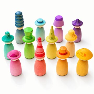 Colorful Wooden Peg Dolls with Unique Hats | Whimsical Handmade Toy Figurines