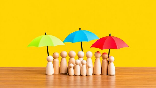 Colorful Umbrellas Protecting a Wooden Family | Family Love & Protection