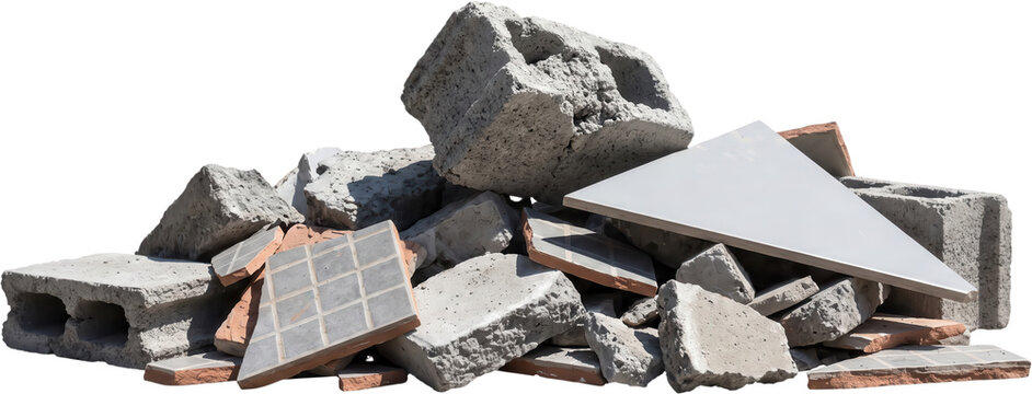 A messy pile of broken concrete blocks heavy gray cinder blocks and discarded ceramic tiles creating a heap of rubble and demolition waste from a destroyed building structure