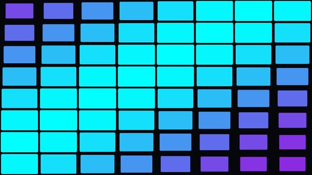 Abstract digital background featuring a grid of rectangular blocks shifting between cyan, blue, and purple hues on a black field.