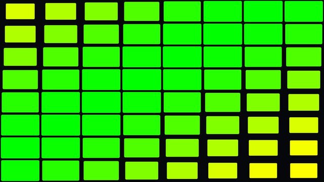 Abstract digital grid with green and yellow rectangular blocks pulsing and changing colors in a rhythmic pattern