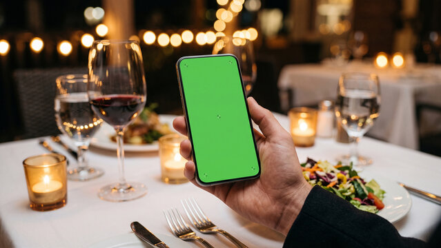 Hand Holding Smartphone with Green Screen at Elegant Restaurant Dinner