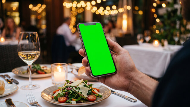 Hand Holding Smartphone with Green Screen at Elegant Restaurant Dinner
