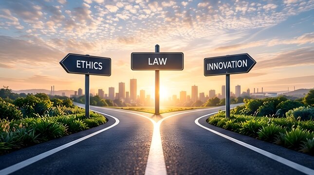 Three-way road split concept with direction signs for Ethics Law and Innovation against a city skyline at sunset representing business strategy choices and corporate responsibility decisions.