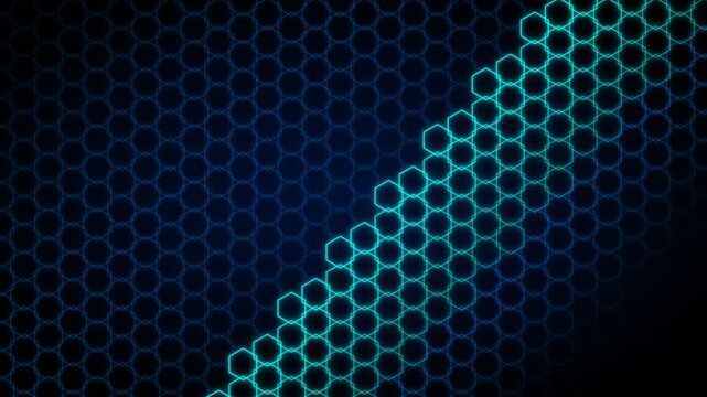 Abstract animation of a blue neon hexagonal grid glowing and moving across a dark digital background