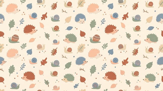 Seamless woodland animal pattern featuring tiny hedgehogs, miniature acorns, delicate oak leaves, and woodland twigs in muted sage green, warm ivory, caramel, and dusty brown. Vintage watercolor illus