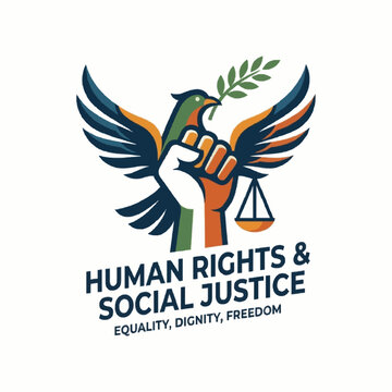 Human rights and social justice emblem with dove and raised fist vector illustration.