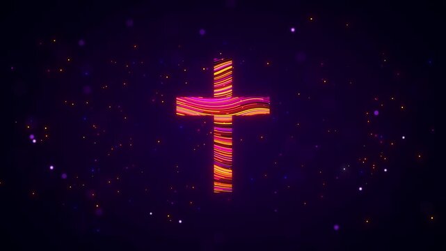 Animated 3D Christian cross rotates with glowing orange, yellow, and magenta light trails and particles on a purple cosmic background, symbolizing faith, hope, salvation, and redemption.