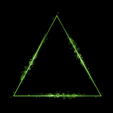Abstract glowing triangle frame with sparkling green particles isolated on a black background for digital design