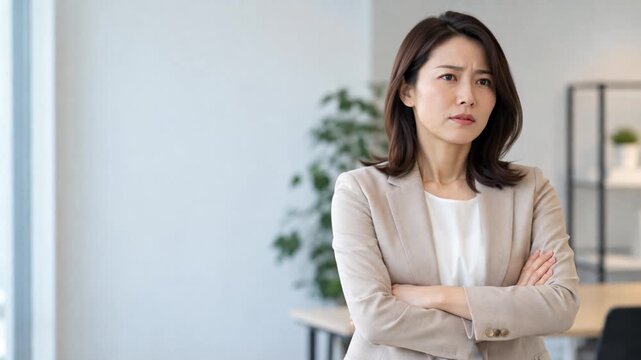 Skeptical Japanese businesswoman with arms crossed looking doubtful in office