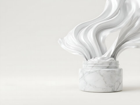 Tarro de crema cosm&eacute;tica de m&aacute;rmol blanco con ondas fluidas de seda sobre fondo marfil, concepto creativo de envases de lujo, cuidado de la piel y espacio de copia