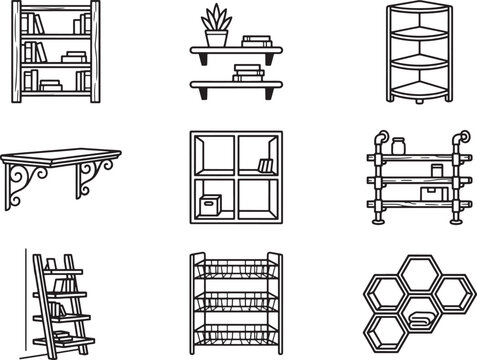 Collection of hand drawn line showing various types of shelving units, bookcases, wall shelves, and storage organizers for home