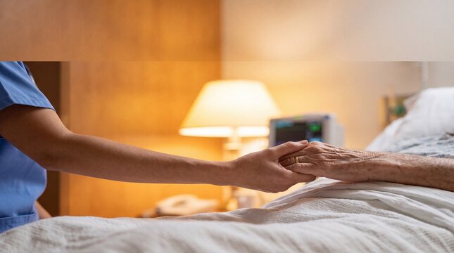 Caregiver holding an elderly patient&rsquo;s hand beside a hospital bed during compassionate healthcare support and recovery care