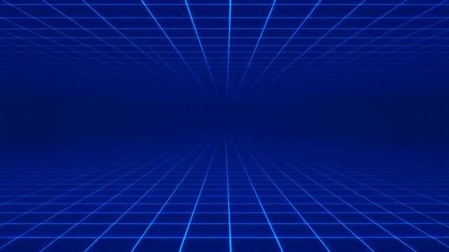 Abstract Blue Grid Perspective Background, Digital Sci-Fi Futuristic Infinite Space Tunnel