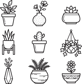 Collection of potted plant featuring succulents, flowers, cacti, hanging ivy, and various decorative pots in a black and white line style