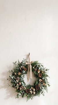 Elegant Christmas wreath made of green foliage, pinecones, and a beige ribbon hanging on a neutral white wall