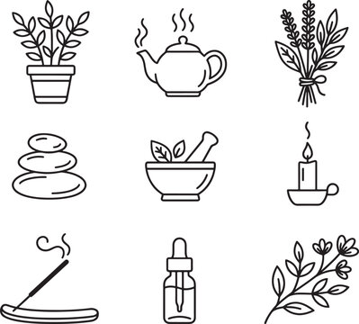 A set of black and white line featuring wellness, spa, and tea including a teapot, mortar and pestle, and essential oils