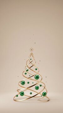 Minimalist 3D render of a Christmas tree made of a gold ribbon spiral with green glossy baubles on a clean beige background