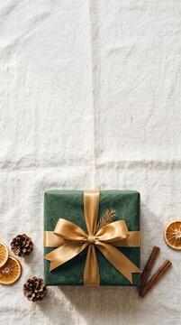 Christmas flat lay composition with green gift box tied with a gold ribbon, pinecones, dried orange slices, and cinnamon sticks on white linen cloth