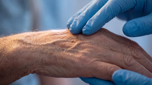 Close up of gloved healthcare worker gently examining an elderly patient&rsquo;s hand during medical assessment and care