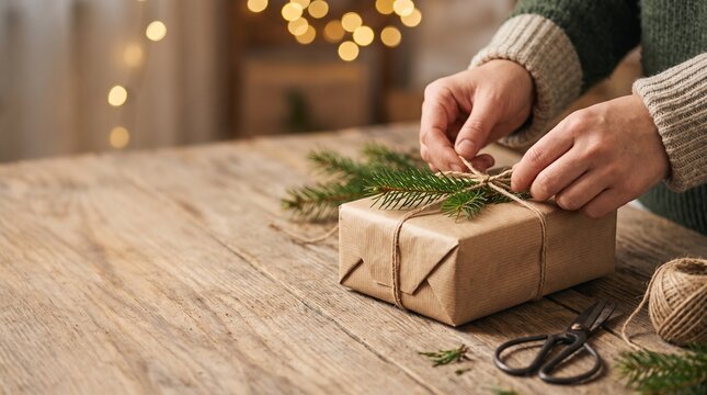 Person wrapping a Christmas gift box in brown kraft paper with twine string and pine branches on a rustic wooden table