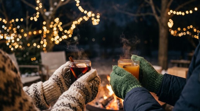 Two people in knitted mittens toasting with steaming hot drinks by an outdoor campfire on a winter evening with festive lights