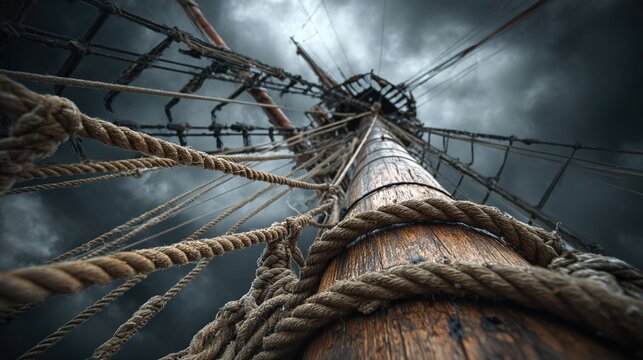mast. The central mast of a sailing ship, ropes taut against a stormy sky and turbulent sea. mobility guides, transit brochures, designed for transport & logistics marketing, used by art directors.