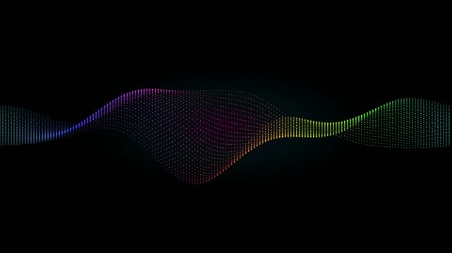 Abstract multi-colored digital wave of glowing particles flowing horizontally on a black background