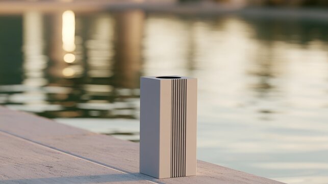 poolside. Modern outdoor heating unit by a reflective pool, showcasing sleek metallic design in soft afternoon light. mobility guides, transit brochures, designed for transport & logistics marketing.