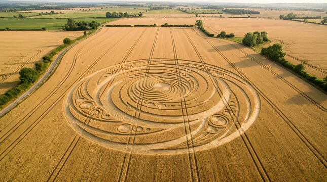 Aerial view of a mysterious and intricate crop circle design etched into a golden wheat field under the summer sun, showcasing an unexplained agricultural phenomenon