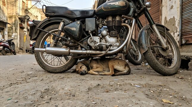 Life on the streets A humble dog seeking respite from the heat, peacefully napping in the cool shadow of a heavy-duty motorcycle