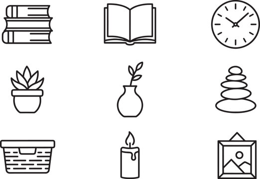 Collection of hand drawn line showing home and lifestyle including books, an open book, a clock, a succulent, and a candle