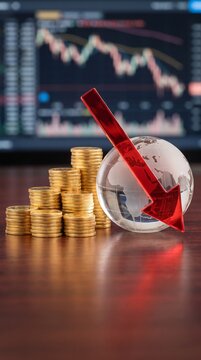 Global Financial Crisis Downturn with Falling Stock Market and Gold Coins.