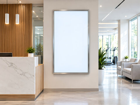 Modern office reception area with a large vertical blank poster frame mockup transparent background