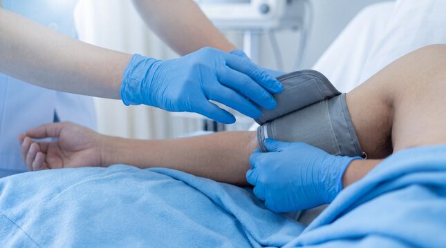 Healthcare professional measuring a patient&rsquo;s blood pressure with a cuff during routine medical examination in a hospital bed