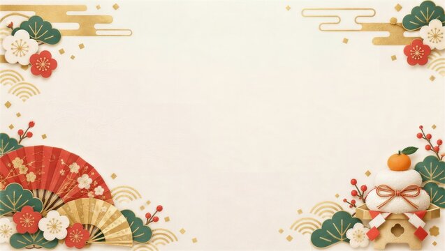 切り絵風の鏡餅と扇と梅の横長フレーム（お正月）