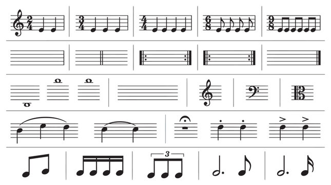 Compilation of diverse musical notation symbols and staff clefs with treble clef bass alto music sheet score notes rhythmic patterns theory