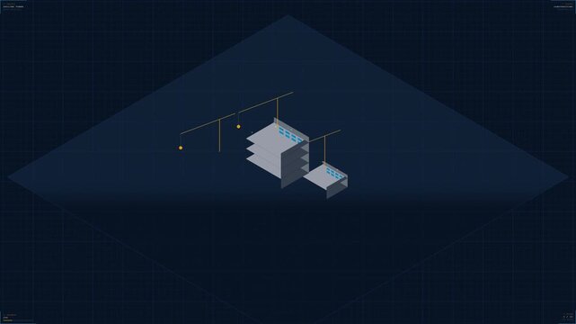 Isometric animation of robotic drones constructing a futuristic building on a digital grid background