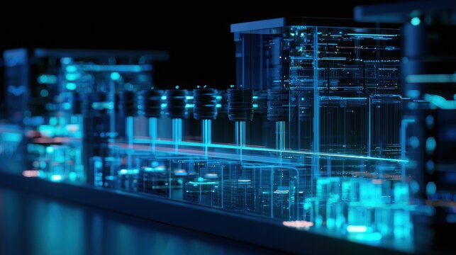 Futuristic digital data processing center with glowing blue circuits and servers