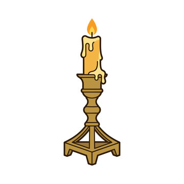 Vector illustration of an antique brass church candlestick with a burning melting wax candle and glowing flame, traditional religious altar lighting isolated on a clean white background.