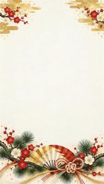 扇と水引と松梅に金色を添えた縦長フレーム（お正月）