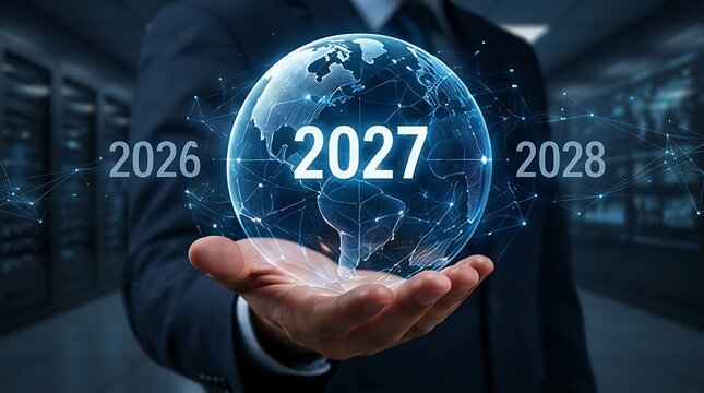 Businessman holding digital globe hologram with year 2027 representing future global business trends, connectivity, and technological advancement in a modern data center environment, 2026 to 2028.