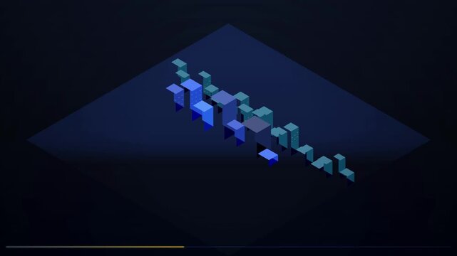 Isometric 3D animation of blue and teal geometric blocks rising and falling on a dark digital plane