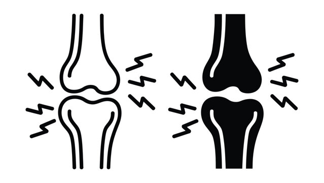 Knee joint pain arthritis bone vector icon set bundle representing orthopedic inflammation ache, rheumatism osteoporosis disease, human skeleton anatomy injury, and medical healthcare therapy in outli