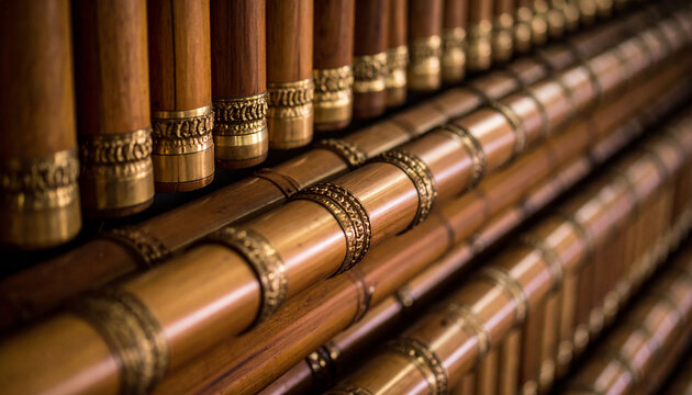 a collection of cigars neatly arranged in an elaborate wooden display case. these cigars feature intricate designs and are made from wood